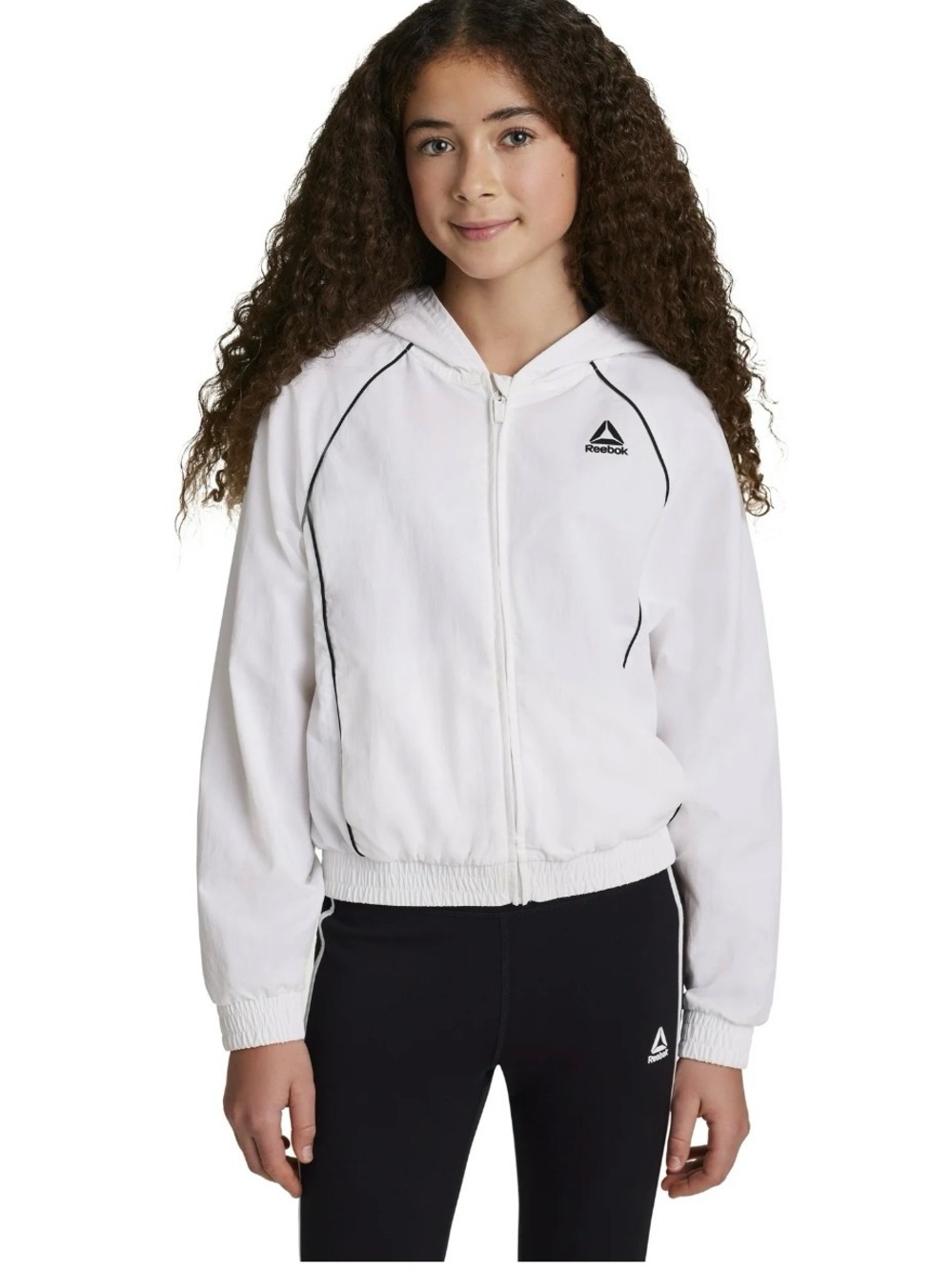Reebok White Hooded Zip windbreaker Jacket with Black Trim